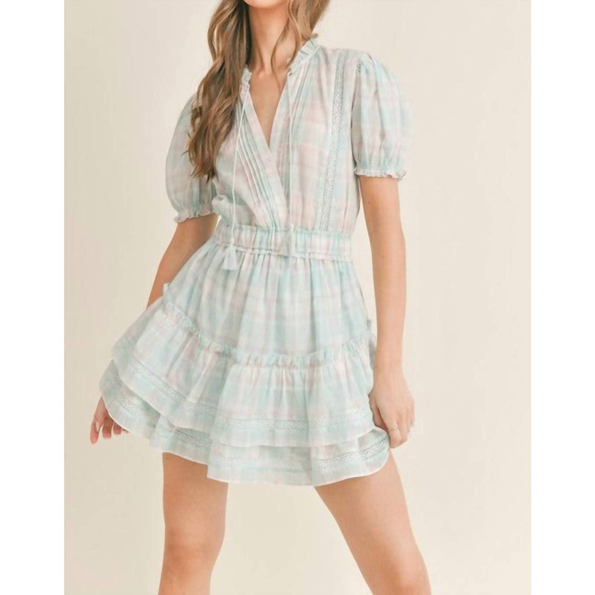 New Mable Arrie Plaid Ruffle Mini Dress In Aqua